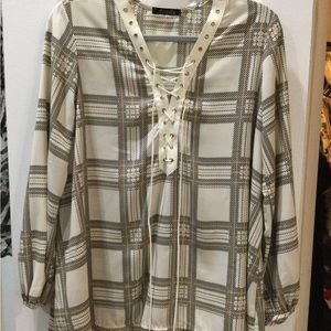 Ariella, lace up neck, plaid top.